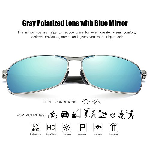 ZHILE Rectangular Polarized Sunglasses Al-Mg Alloy Temple Spring Hinge UV400 (Silver, Blue mirrored)