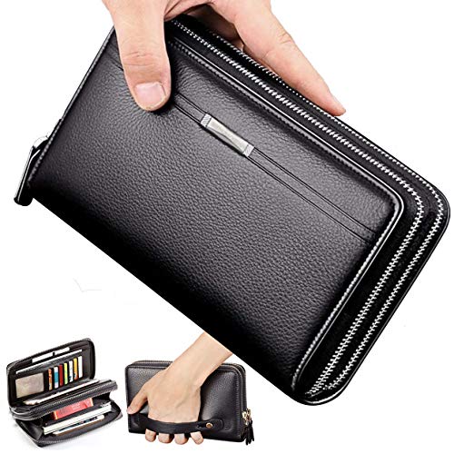 Cyber Sale Monday Deals Mens Long Leather Cellphone Clutch Wallet Purse for Men Large Travel Business Hand Bag Cell Phone Holster Card Holder Case Gift for Father Son Husband Boyfriend