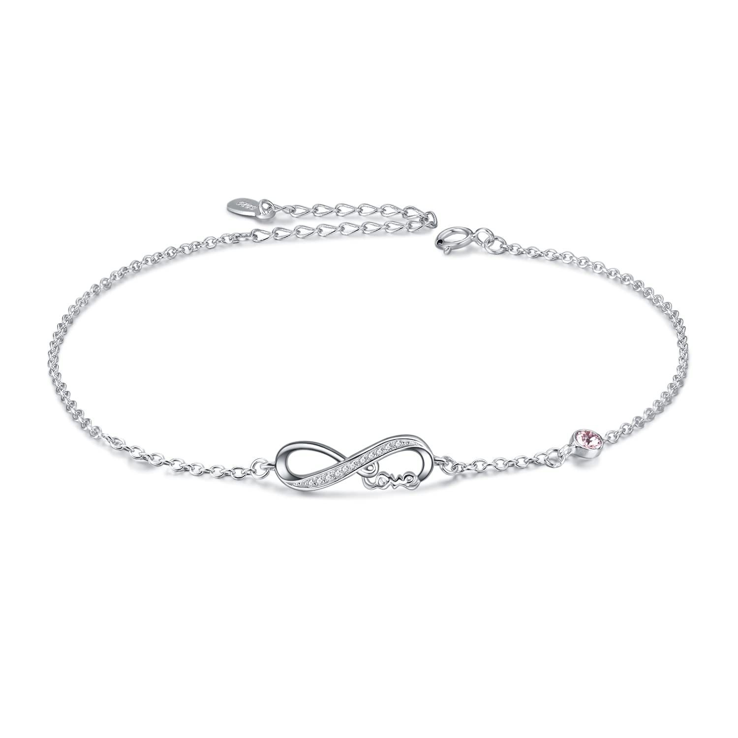 AOBOCO 925 Sterling Silver Infinity Bracelet with Birthstone Crystals, Birthday Gifts for Her Girlfriend Wife (6-June-Simulated Light Amethyst)