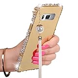 Galaxy S8 Mirror Cases, AMASELL [Pearl Tassels] PC Hard Mirror Back Cover and Luxury 3D Bling Color Rhinestone Diamond Metal Bumper Cases for Galaxy S8 2017, Gold