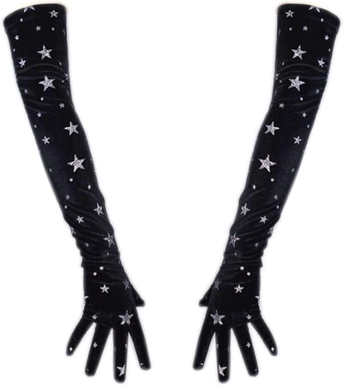 Women Gloves Velvet Opera Long Stretchy Black Silver Chips Sparkle