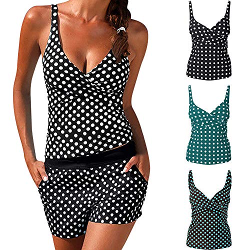 Dressin Womens Swimwear Summer Vacation Dot Two Piece Swimsuit Sexy V Neck Tops with Short Sets Beachwear Set