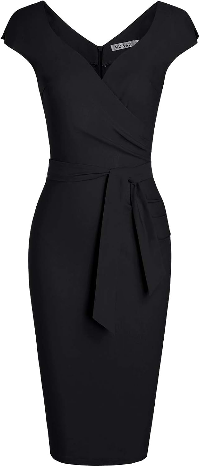 MUXXN Women's Vintage 1950s Style Wrap V Neck Tie Waist Formal Cocktail Dress: Clothing