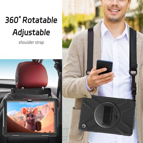 zenrich - Funda Protectora para Samsung Galaxy Tab A9 de 8.7 Pulgadas (SM-X110/SM-X115), Resistente a Golpes de Cuerpo Completo con Soporte Giratorio, Correa de Mano/Hombro para Tab A9, Color Negro
