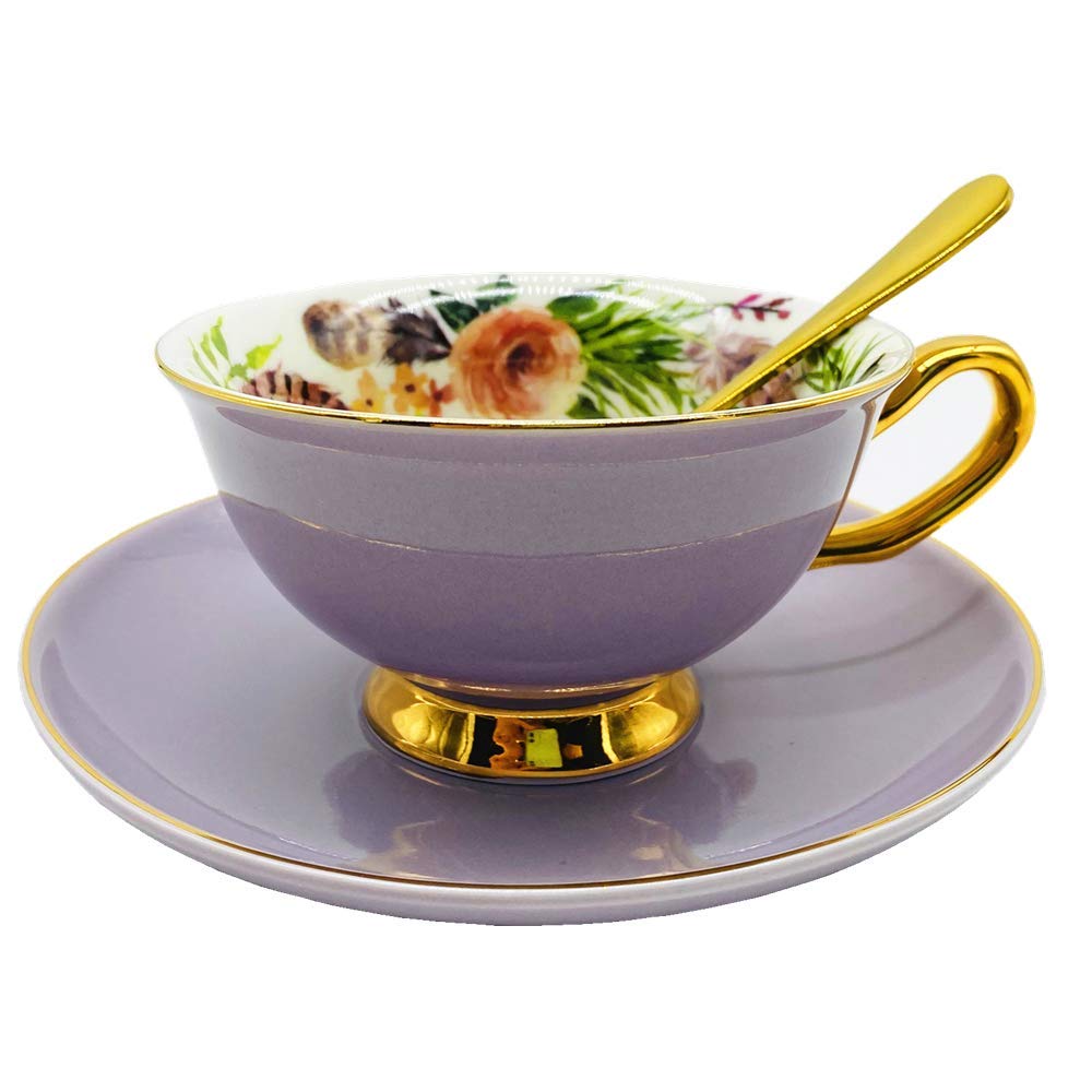 Photo 1 of ***SEE COMMENTS*** Krysclove Vintage Ceramic Teacup, Elegant Coffee Cup with Spoon Saucer Set, Fine Royal Bone China Tea Cups (Purple)