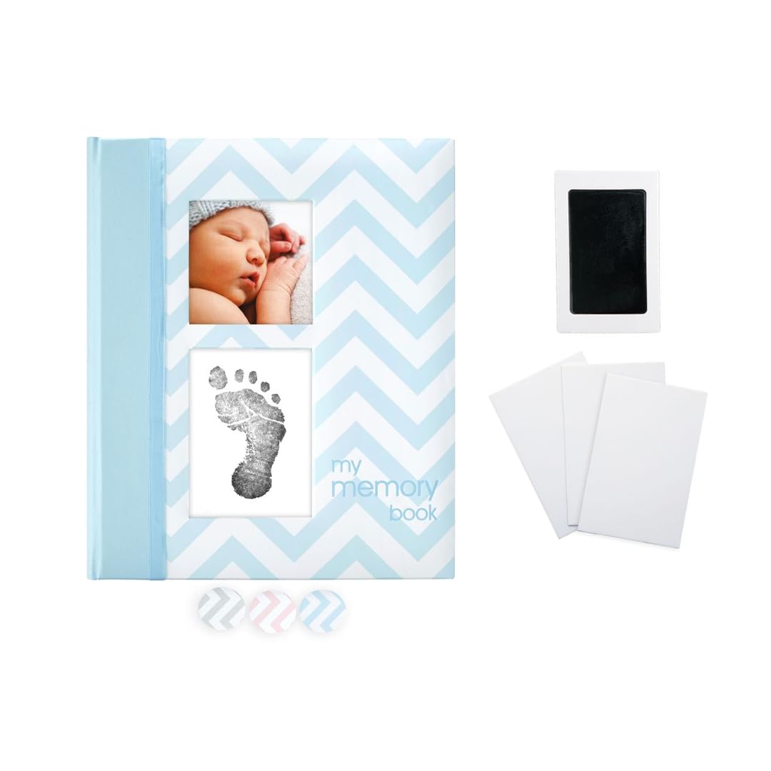 Pearhead First 5 Years Chevron Baby Memory Book with Included Clean-Touch Baby Safe Ink Pad to Create Baby's Handprint or Footprint, Keepsake Milestone Journal, French Language, Blue