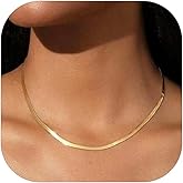 FOCALOOK 14K Gold Plated Necklaces for Women, Fashion Herringbone Choker Necklace Stainless Steel Flat Snake Chain 3/5MM(W) 12.5"/15"/18"+3.5"(L)