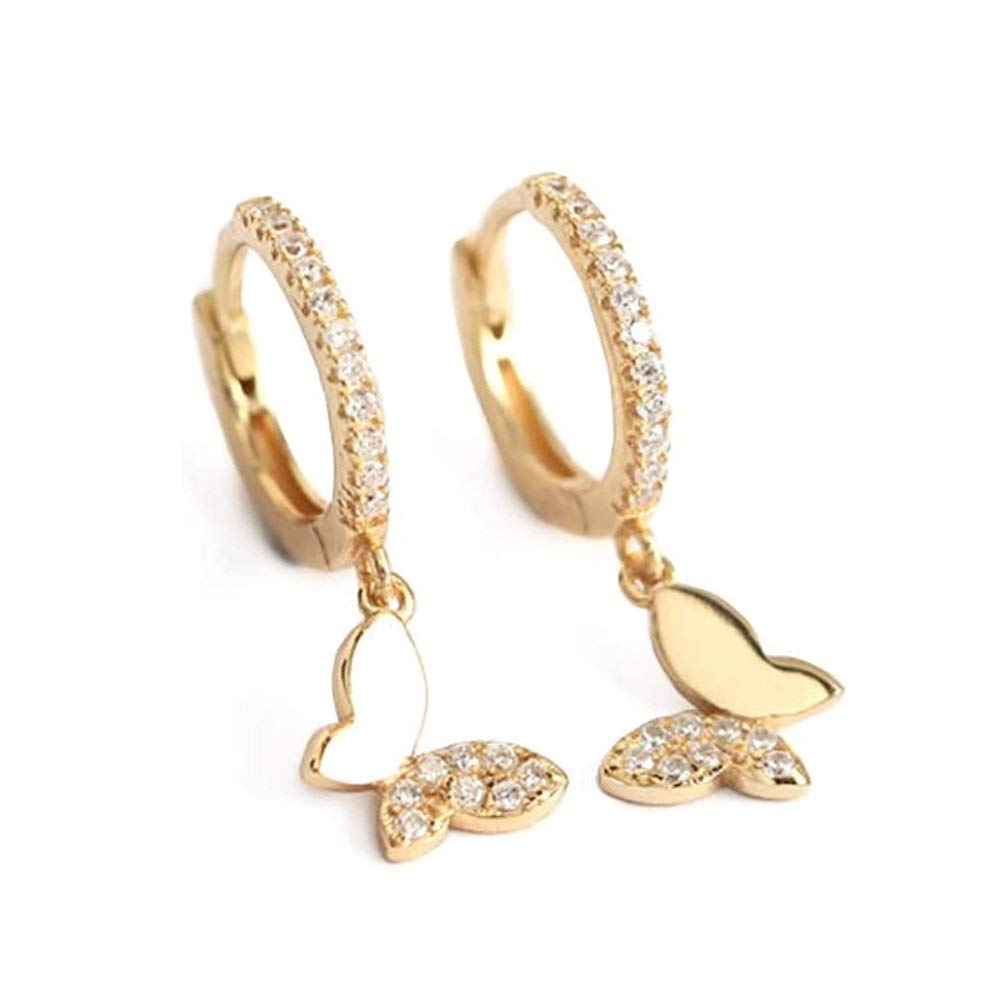 Cute Butterfly Small CZ Cartilage Cuff Hoop Earrings With Tiny Charm Dangle Drop for Women Girls S925 Sterling Silver Dainty Fashion Hoops Hypoallergenic Jewelry Gifts for Daughter Sister Bff (Gold)