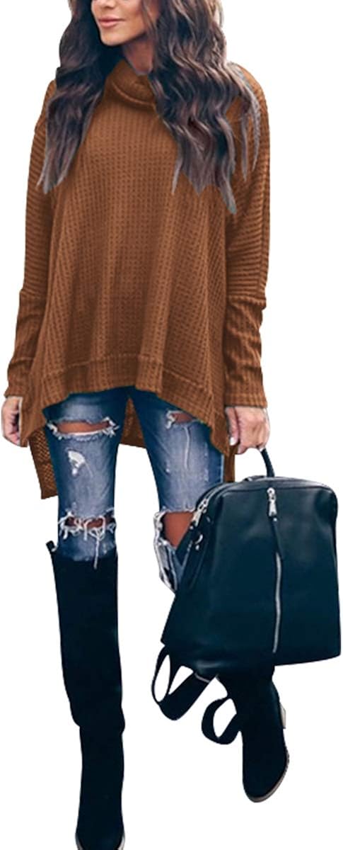 ANRABESS Women Turtleneck Batwing Sleeve High Low Hem Side Slit Waffle Knit Casual Loose Oversized Sweater Tunic at  Women’s Clothing store