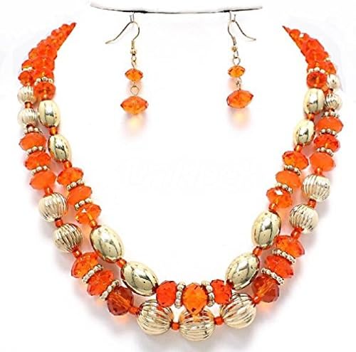 Color Pop Acrylic Beads Double Layered Strands Gold tone Necklace Earrings (Orange)