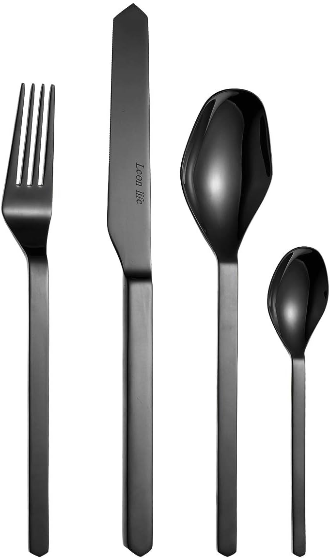 Flatware Set, Morgiana 4-Piece 18/10 Black Silverware Set Mirror Polishing Flatware Cutlery Set Include Fork Spoons Knife Dinnerware Stainless Steel Flatware Sets, Dishwasher Safe