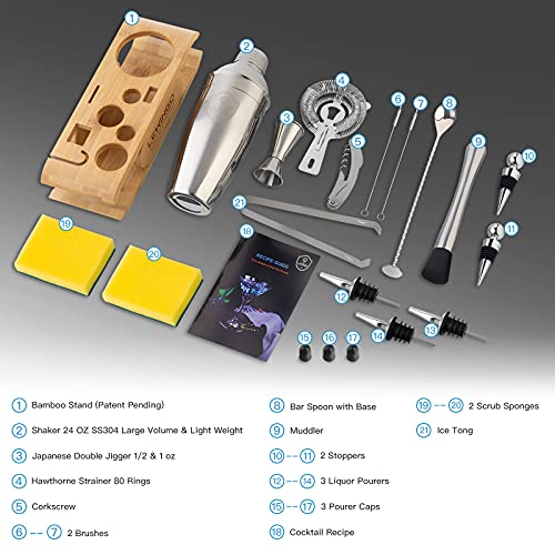 21Piece Mixology Bartender Kit with Stand, LEWINGO Cocktail Shaker Set