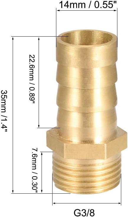 sourcing map Brass Hose Barb Fitting,Connector,14mm Barb x G3/8 Male Pipe Adapter,5Pcs, 14mm x G3/8 - Image 3