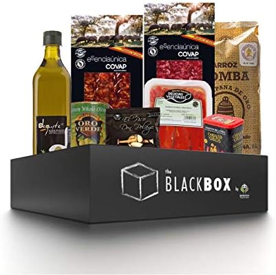 Black Box 2 Spanish Gift Box: Olive Oil, Chorizo, Salchichon, Olives, Picos, Roasted Red Peppers, Bomba Rice, Paprika