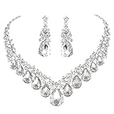 Youfir Bridal Rhinestone Crystal V-Shaped Teardrop Wedding Necklace and Earring Jewelry Sets for Brides Formal Dress