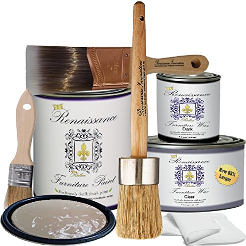 Renaissance Chalk Furniture Paint Deluxe Starter Kit - 32oz Paint/8oz Clear Wax/4oz Dark Wax/2" Paint Brush/1.5" Wax Brush/1" Detail Wax Brush! - French Beige (DSK)