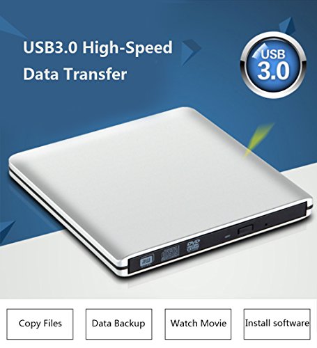 Juanery DVD Drive CD Drive USB 3.0 Ultra-Thin Portable DVD Burner External CD+/-RW DVD+/-RW Super Drive Compatible for PC Laptop Notebook Computers. (Silver)