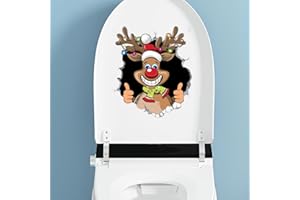 DREOTHY Christmas Santa Claus Toilet Cover Sticker, Removable Christmas Elf Reindeer Crack Toilet Lid Sticker, Xmas Wc Bathroom Wall Door Stickers (Reindeer)