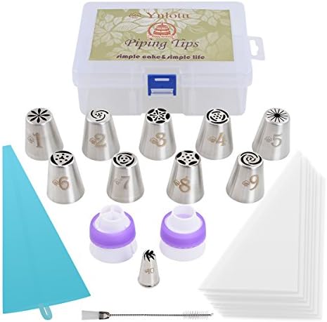 Russian Piping Tips 26pcs Set For Cake Icing Decorating（10 Russian Tips,11 Pastry Bags,1 Tri-Color Coupler,1 Single-Color Coupler,1 Cleaning Brush,1 User Manual,1 Storage Box） (Big Size for Cake)