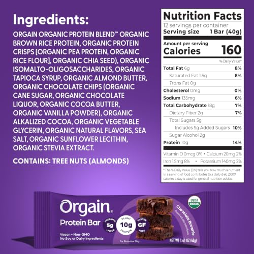 Orgain Organic Vegan Protein Bars, Chocolate Brownie - 10g Plant Based Protein, Gluten Free Snack Bar, Low Sugar, Dairy Free, Soy Free, Lactose Free, Non GMO, 1.41 Oz (12 Count)