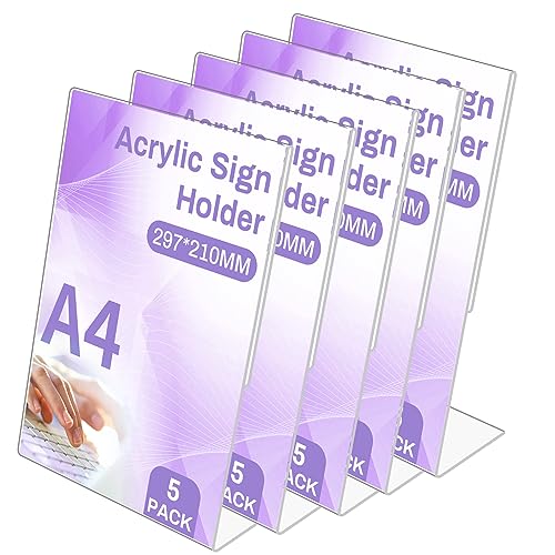 Sagreeny A4 Acrylic Sign Holder,5 Pack L-Shape Display Stands, Poster Menu Holder, Clear Plastic Holders Stands For Table Restaurant Hotel Documents Office (A4-L 5Pack)