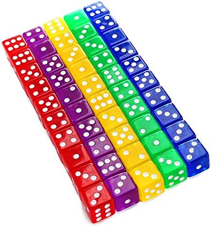 Colored Dice, D6 50-Pieces 16mm Standard 6-Sided Translucent Casino Dice Set for Tenzi, Farkle, Yahtzee, Bunco or Teaching Math