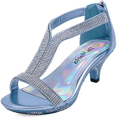 Girls Childrens T-Bar Peeptoe Blue Diamante Low-Heel Sandals Pretty Party Dress Shoes Sizes 10-2