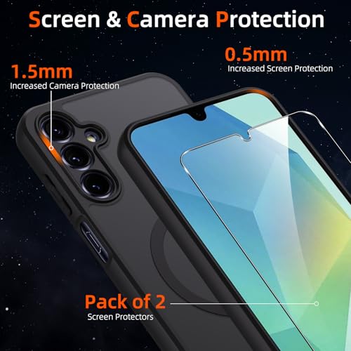 Oelrstfe Case for Samsung Galaxy A16 4G/5G Compatible with MagSafe with 2 Tempered Glass, Magnetic Translucent Matte Back Cover, Ultra Thin Shockproof Lens Protection Case, Black