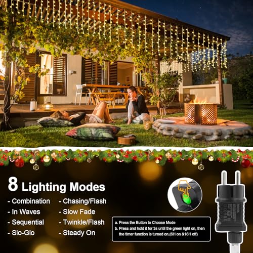 A.bigwhale Waterfall Christmas Lights Outdoor, 4m x 1m Curtain Lights, 8 Modes Waterproof String Light for Outdoor Indoor Garden Wedding Party Balcony Decoration (Warm White)