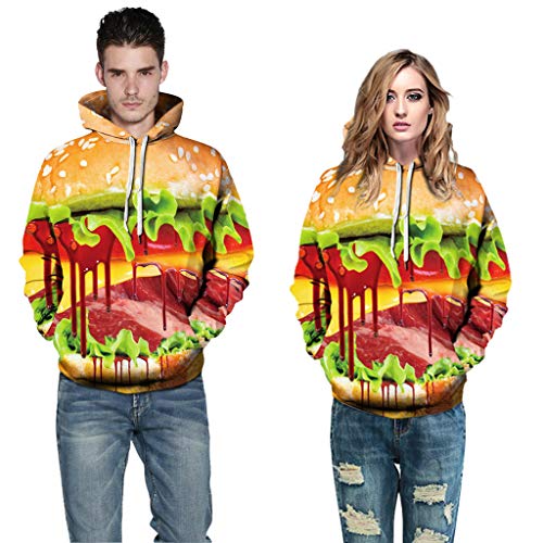 Jessie storee Helloween Hooded Sweatshirt Bloody Hamburger Print Pullover Hoodie Women Men Couples Unisex Horror Terror Sweatshirts Clothing Large Size Sweater Loose Baseball Uniform Tide,Yellow,M