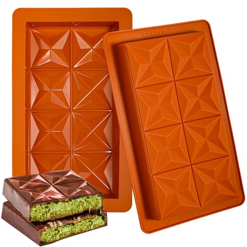 Webake 1 Inch Deep Dubai Chocolate Bar Mold Deep with Diamond Shapes, Silicone Large Stuffed Chocolate Bar Mold Thick, Big Chocolate Candy Bar Mold for Filling Knafeh Pistachio, Pack of 2