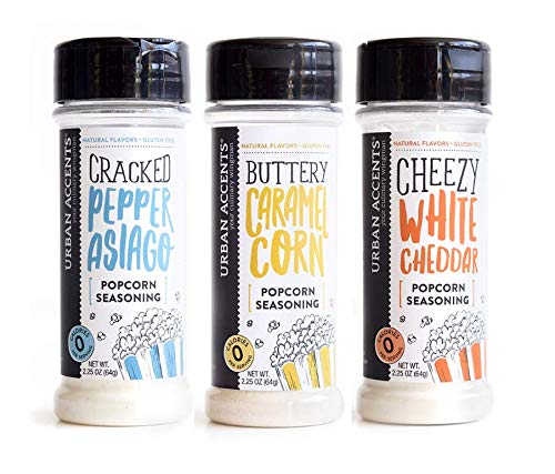 Urban Accents Popcorn Seasoning - All Natural - Gluten Free - Non-GMO - Variety Pack of 3 - Buttery Caramel Corn/Cracked Pepper Asiago/White Cheddar