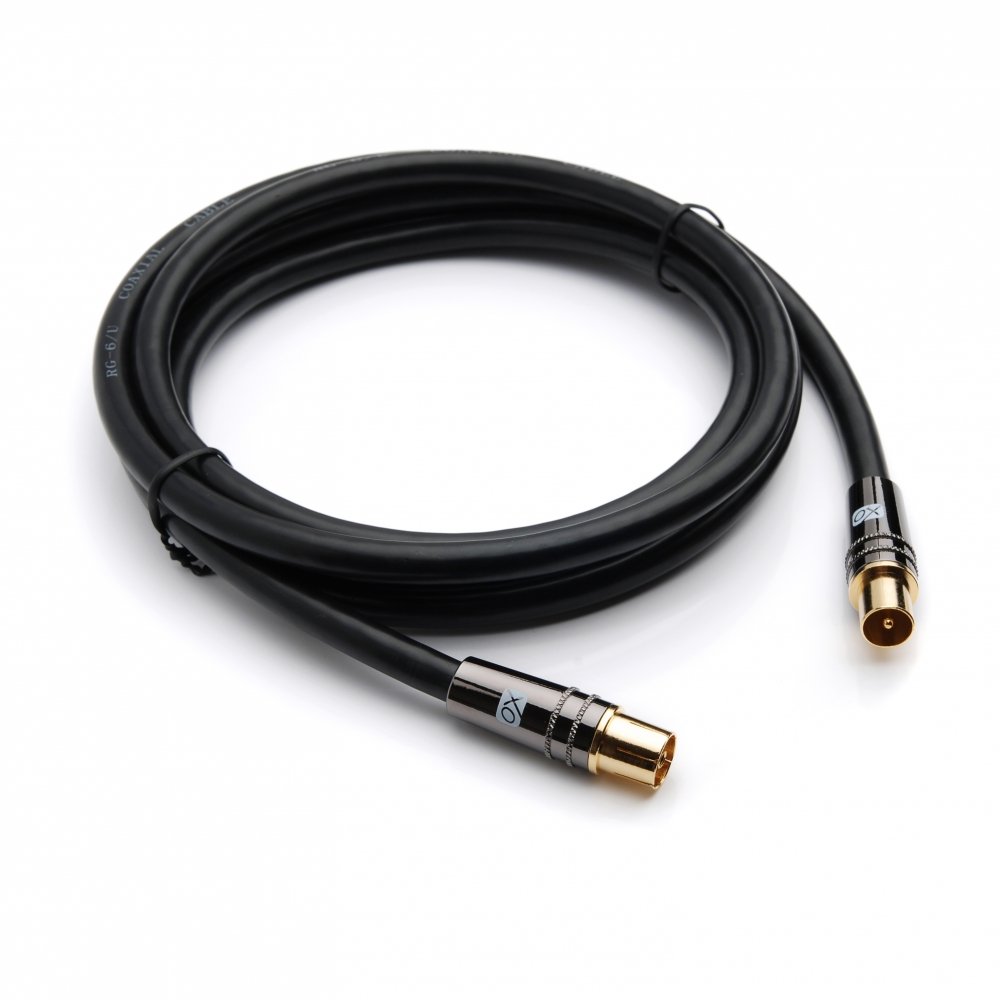 XO Antenna Cable - Black - Male plug to Female socket TV Aerial RG6 Coaxial Cable - 7.5m