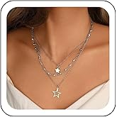 Zeshimb Silver Star Choker Necklace Layered Star Pendant Necklace Layering Star Link Chain Necklace Boho Outline Pentagram Necklace Y2k Jewelry for Women
