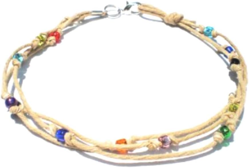 Multicolor Glass Beaded Three String Hemp Anklet - Handmade
