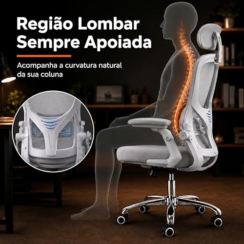 Laruno Cadeira de Escritório Ergonômica Premium NR17 Cinza Giratória Reclinável 145 Graus com Suporte Lombar Encosto Mesh Respirável Cadeira Gamer com Regulagem de Altura e Rodinhas Suporta até 120kg