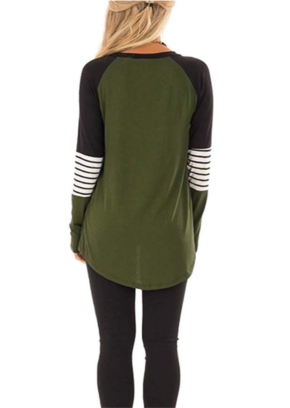 AMCLOS Womens Tops Striped Color Block Tee Shirts Casual Blouses Long Sleeve Pullover Lightweight Tunic (L, Green)