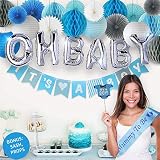 PGNART Baby Shower Decorations for Boy Kit 58 PIECES | It's A BOY Banner | OH BABY Balloon | Mom To Be Sash | Photo Props | Garland Bunting Banner | Paper Lanterns | Honeycomb Balls | Tissue Paper Fan