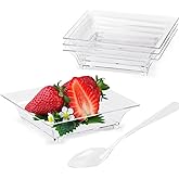 TOFLEN 100ct Mini Dessert Plates with Tasting Spoons, 2.5 Inch Small Reusable Clear Plastic Square Party Serving Hors D'oeuvres Plates for Appetizers (Square)