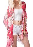 MissShorthair Women's Light Floral Print Chiffon Kimono Cardigan Coverup Blouse Tops (15 Red)