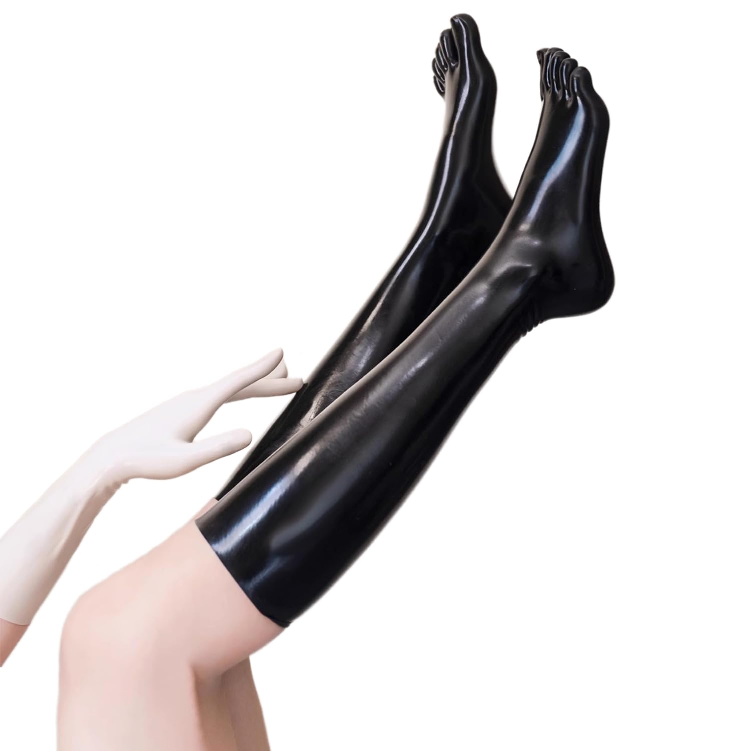 Kangxinsheng Black Latex Stockings for Women Men,Natural Rubber Latex Thigh High Stockings with Toes Cosplay Costume Party Clubwear XL