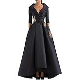 Jiqenate A-Line Vintage Elegant Evening Gown Embroidered Floor Length Long Sleeve V Neck Satin Formal Dress with Appliques