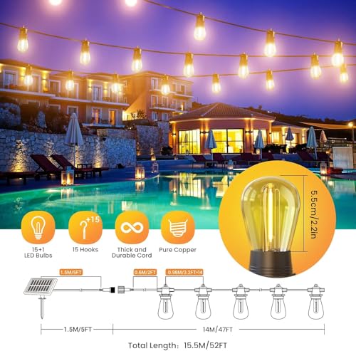 Guirnalda Luces Exterior Energía Solar & USB-C, 15M Cadena Solares, 4 Modos 16 LEDs Bombillas Luz, Impermeable IP65 Decorativas para Jardín, Terraza, Patio, Boda, Navidad