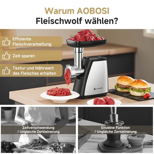 AAOBOSI Meat Grinder 4-in-1 Electric Meat Grinder [2800W Max] with 3 Discs, Cutting Blades, 2 Blades, 3 Plates, Sausage Stuffer, Cubbe Kit, for Home Use, Stainless Steel