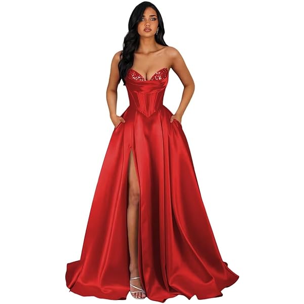 Amazon.com: ALFEICE Women's Satin Prom Dresses with Slit Strapless A Line  Corset Ball Gowns Cowl Neck Formal Evening Gowns with Pockets Baby Blue 02  : Clothing, Shoes & Jewelry
