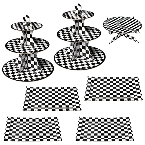 Haooryx 7Pcs Checkered Cupcake Stand Set, 2 Black