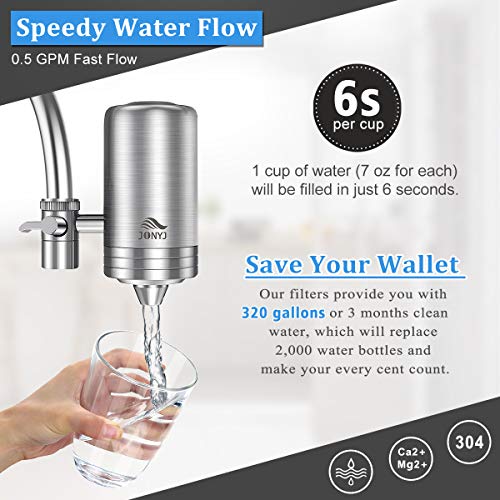 Faucet Water Filter, 304 Stainless-Steel Water Faucet Filtration System, High Water Flow Tap Water Filter, Water Purifier Removes Lead, Flouride & Chlorine - Fits Standard Faucets (2 Filters Included)