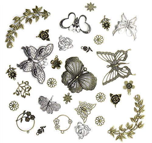 Kinteshun Butterfly Flower Leaf Charm Pendant for DIY Jewelry Making Accessaries(29pcs,Silver&Bronze Tones)