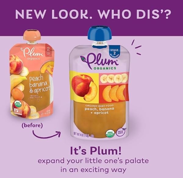 PLUM ORGANICS STAGE 2 ORGANIC BABY FOOD – PEACH, BANANA, AND APRICOT – 4 OZ POUCH (PACK OF 6) – ORGANIC FRUIT AND VEGETABLE BABY FOOD POUCH