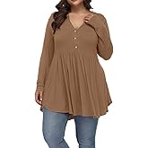 Gocolloa Plus Size Tops for Women Curvy Fall Long Sleeve Dressy Tops Button V Neck Henley Shirts Casual Flowy Tunic Blouses